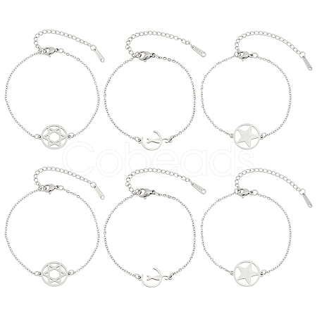 6Pcs 3 Styles 201 Stainless Steel Pentacle Link Bracelets BJEW-UN0001-16P-1