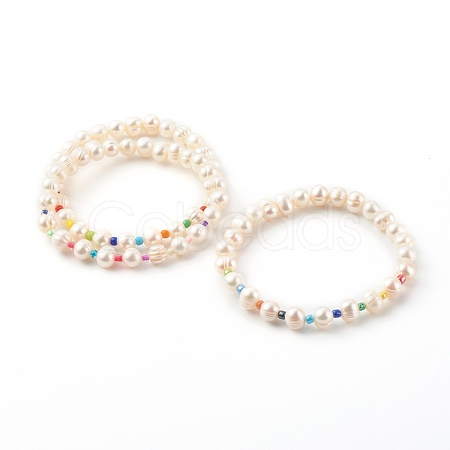 3Pcs 3 Styles Natural Cultured Freshwater Pearl Stretch Beaded Bracelets Sets BJEW-JB06266-1