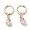 Real 18K Gold Plated Brass Dangle Hoop Earrings, with Glass, Teardrop, Pink, 26x6mm