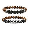 Natural Tiger Eye & Lava Rock & Synthetic Hematitie Beads Stretch Bracelet Set BJEW-JB07030-1