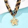 Alloy Flower Pendant 2-Strand Leopard Print Polyester Cord Necklaces for Women NJEW-A066-05G-3