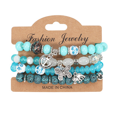 4Pcs Bohemian Style Alloy & Glass & Acrylic Charm Bracelets Set WG8E884-07-1