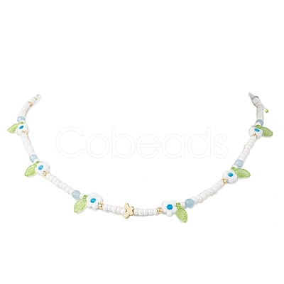 Faceted Round Dyed Natural White Jade & Flower Handmade Millefiori Glass & Glass Seed Beaded Necklaces for Women NJEW-MZ00150-03-1