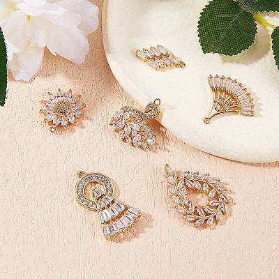 6Pcs 6 Style Brass Micro Pave Clear Cubic Zirconia Pendants KK-SZ0005-43-1