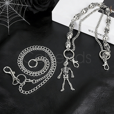 2Pcs 2 Styles Gothic Alloy Skull Link Chains for Pants HJEW-PH0002-05-1
