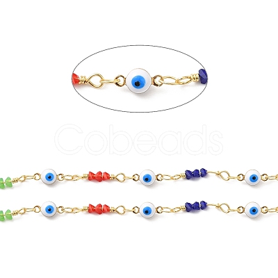 Handmade Brass Enamel Flat Round with Evil Eye Link Chains CHC-M024-23G-01-1