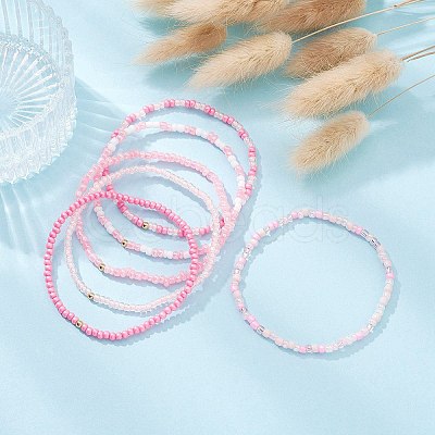 6Pcs Glass Seed & Brass Beaded Stretch Bracelets Set BJEW-JB09538-05-1