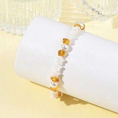 Natural Freshwater Shell Star & Shell Pearl & Natural Amber Chip Beaded Bracelets BJEW-JB14321-1