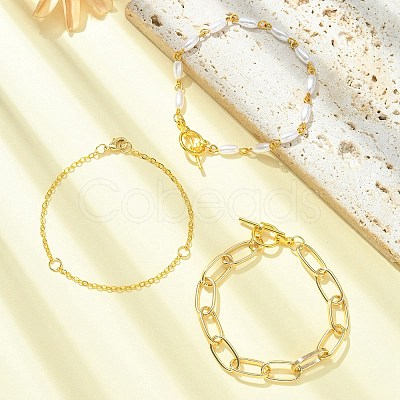 3Pcs 3 Style Aluminium Paperclip & Brass Curb & Imitation Pearl Acrylic Beaded Link Chain Bracelets Set BJEW-FS0001-08-1