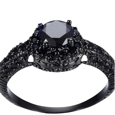 Flat Round Brass Jet Rhinestone Finger Rings FS-WG232E0-05-1