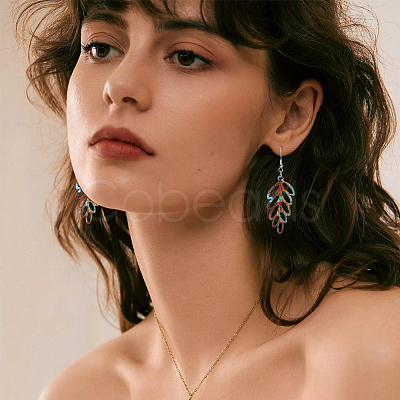 4 Pairs 4 Style Wood Hollow Leaf Dangle Earrings EJEW-FI0001-95-1