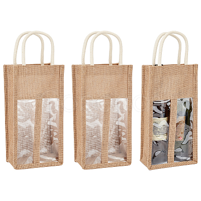 Jute Wine Storage Drawstring Pouches with PVC Clear Window ABAG-WH0035-052B-1