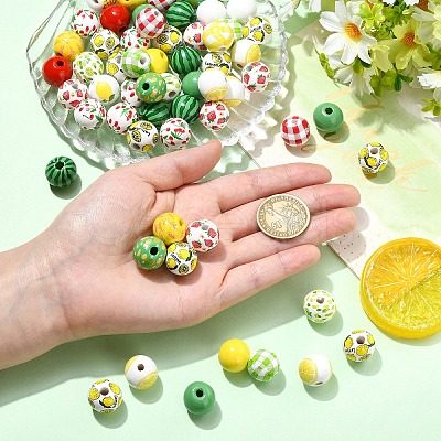 100Pcs 10 Styles Fruit Printed Wood European Beads WOOD-YW0001-86-1