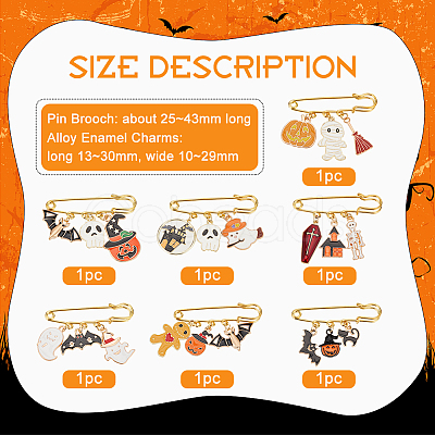 BENECREAT 1Set Halloween Pumpkin & Haunted House & Skull & Bat Alloy Enamel Charms Safety Pin Brooch JEWB-BC0001-05-1