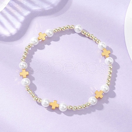 Round & Cross Shell Pearl & Non-magnetic Synthetic Hematite Beads Stretch Bracelets for Women BJEW-JB13100-1