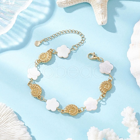 Natural Freshwater Shell Beads & Shell Shape 304 Stainless Steel Connector Charms Link Bracelets for Women BJEW-JB12216-03-1