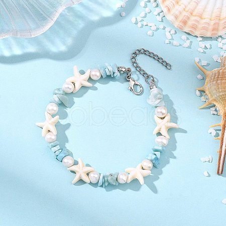 Synthetic Turquoise & Natural Larimar & Cultured Freshwater Pearl Beaded Bracelets for Women BJEW-JB13951-1