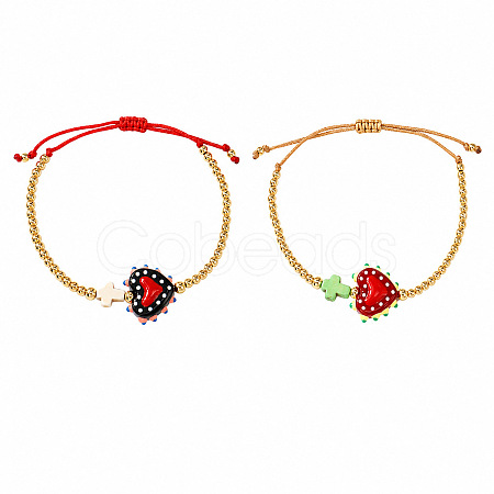 2Pcs 2 Colors Dyed Synthetic Turquoise Cross and Glass Heart Braided Bead Bracelets for Women PE0777-9-1