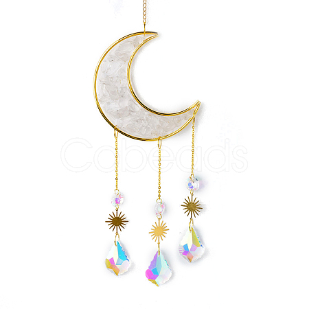 Natural Quartz Crystal Chips Moon Pendant Decoration DJEW-PW0019-13A-1