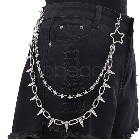 Punk Style Star Alloy with Aluminium Spiked Cone Double Layered Chain Belts for Pants FS-WGA3437-03-1
