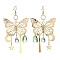 Butterfly & Moon & Star Brass Chandelier Earrings, Glass Long Drop Earrings, Golden, 90x50mm