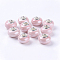 Handmade Porcelain Ceramic Spacer Beads Fit European Charm Bracelets, with Silver Color Brass Double Cores, Rondelle, Pink, 15x11mm, Hole: 5mm