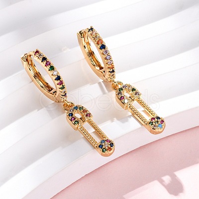 Safety Pin Brass Micro Pave Cubic Zirconia Hoop Earrings EJEW-F384-15G-02-1