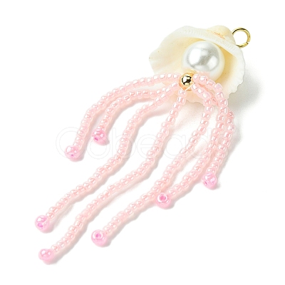Natural Clam Shell & Glass Pearl & Glass Seed Beaded Big Pendants PALLOY-MZ00298-03-1