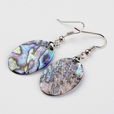 Oval Platinum Tone Brass Natural Paua Shell Dangle Earrings EJEW-M060-03-01-1