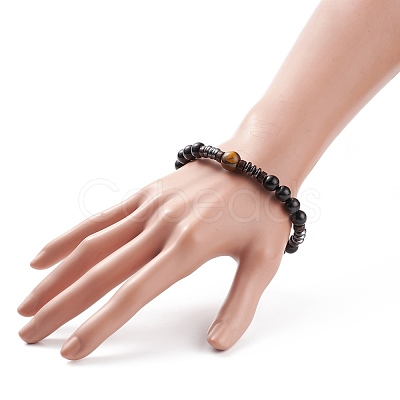 Natural Tiger Eye & Coconut & Wood Beaded Stretch Bracelet BJEW-JB08267-1