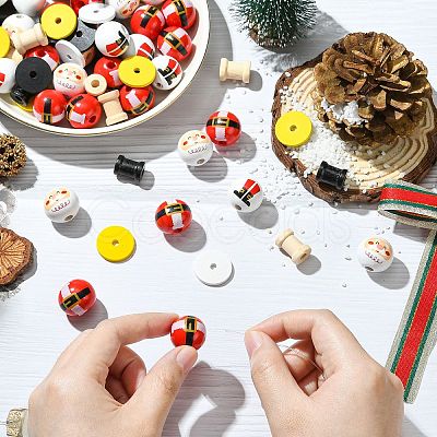 120Pcs 8 Styles Christmas Santa Claus Theme Spray Painted Schima Wood Beads WOOD-CJ0002-60-1