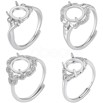 4Pcs 4 Styles Brass Micro Pave Cubic Zirconia Adjustable Rings Settings KK-BBC0024-14A-1