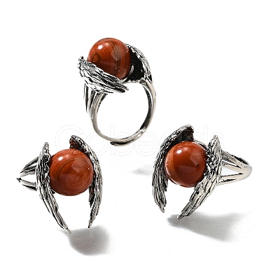 Natural Red Jasper Wings Adjustable Rings RJEW-K241-04AS-10-1