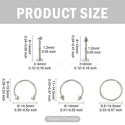 40Pcs 20 Styles 316L Surgical Stainless Steel & 316 Surgical Stainless Steel Hoop Nose Rings & Labrets AJEW-CJ0001-73-1