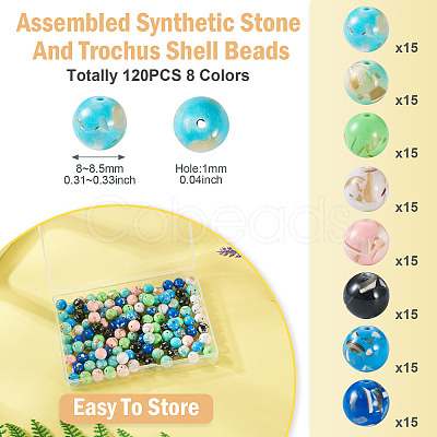 120Pcs 8 Colors Assembled Synthetic Stone and Trochus Shell Beads G-TA0002-31B-1