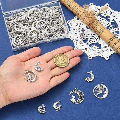 80Pcs 8 Styles Moon Theme Tibetan Style Alloy Pendants FIND-CJ0005-60-1
