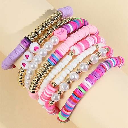 8Pcs 8 Style Imitation Pearl Word Love Beaded Stretch Bracelets Set PW-WG34257-01-1