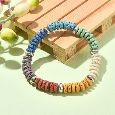 Dyed Natural Lava Rock Disc Beaded Stretch Bracelet BJEW-TA00338-1