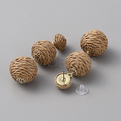 Raffia Grass Round Ball Dangle Stud Earrings EJEW-WH0009-73A-1