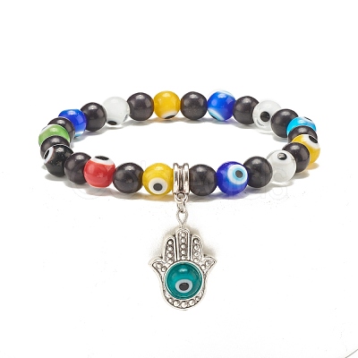 Synthetic Turquoise(Dyed) & Lampwork Evil Eye Round Beaded Stretch Bracelet with Hamsa Hand Charm for Women BJEW-JB07836-1