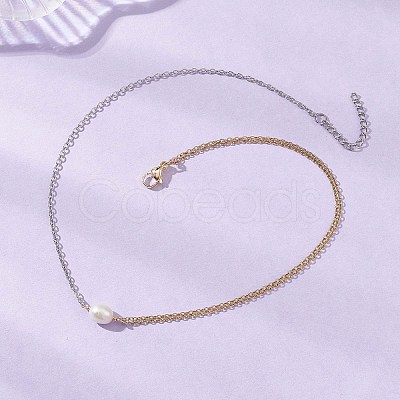 Natural Cultured Freshwater Pearl Rice Pendant 304 Stainless Steel Cable Chain Double Layer Necklaces NJEW-JN05682-1