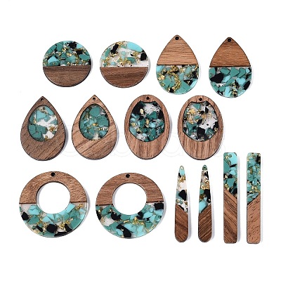 14Pcs 7 Styles Transparent Resin & Walnut Wood Pendants RESI-N053-15-1