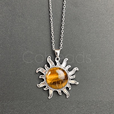 Natural Tiger Eye Sun Pendant Alloy Chain Vintage Necklaces WB3716-12-1