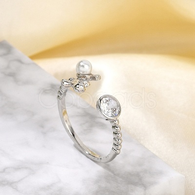 Dolphin Brass Micro Pave Cubic Zirconia Cuff Rings for Women RJEW-K240-10P-1
