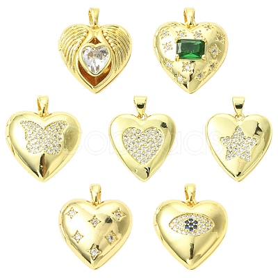 7Pcs 7 Styles Brass Micro Pave Clear Cubic Zirconia Locket Pendants FIND-CJ0005-08-1