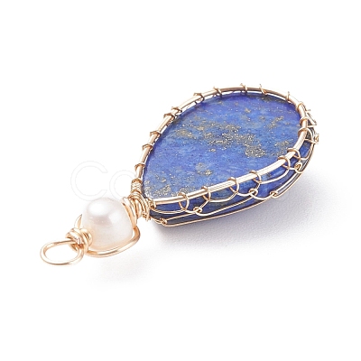 Natural Lapis Lazuli Copper Wire Wrapped Pendants PALLOY-JF01398-01-1