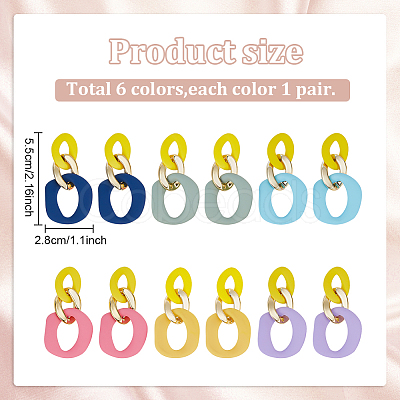 ANATTASOUL 6 Pairs 6 Colors Oval Acrylic Dangle Stud Earrings with Steel Iron Pins for Women EJEW-AN0004-12-1