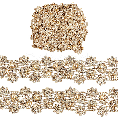 5 Yards Polyester & ABS Plastic Imitation Pearl Lace Ribbon OCOR-GF0004-92B-1