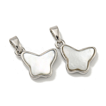 Rack Plating Brass Pave Natural White Shell Butterfly Charms KK-U025-01P-01-1