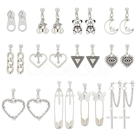 12 Pairs 12 Styles Cherry & Triangle & Eye & Bear & Zipper Buckle Alloy Dangle Stud Earrings for Women EJEW-AN0003-10-1